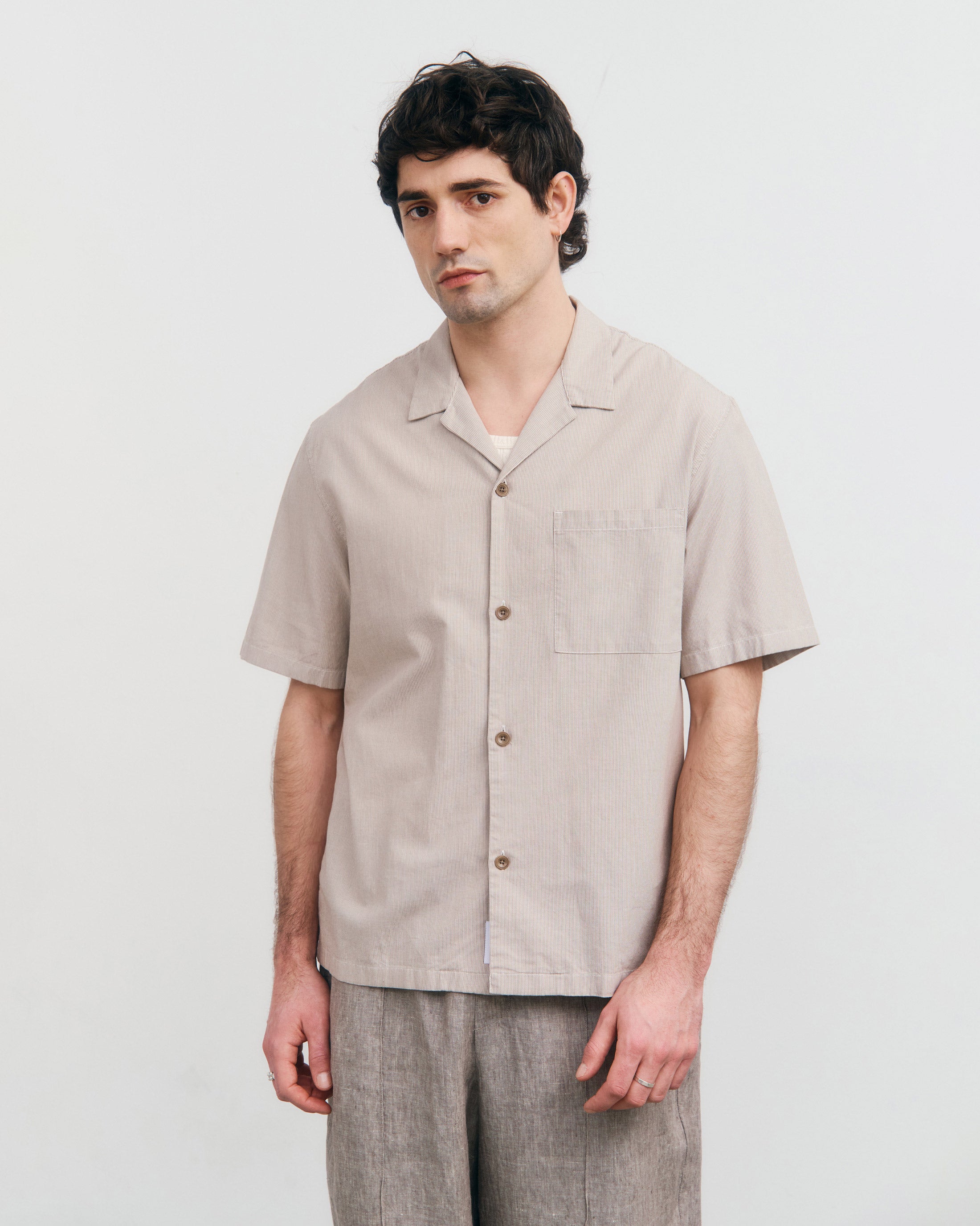 Gestreiftes Bowling Shirt Bio Baumwolle - Beige