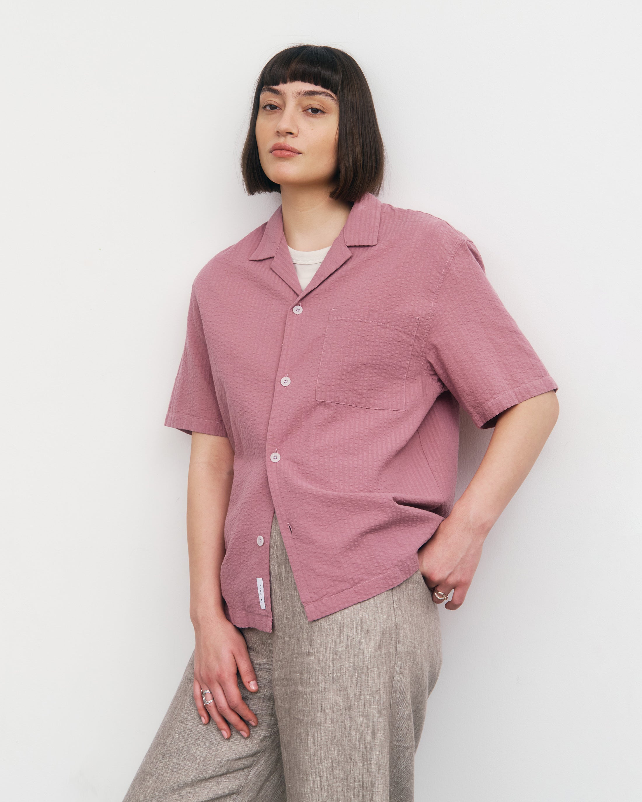 Seersucker Bowling Shirt Bio Baumwolle - Pink