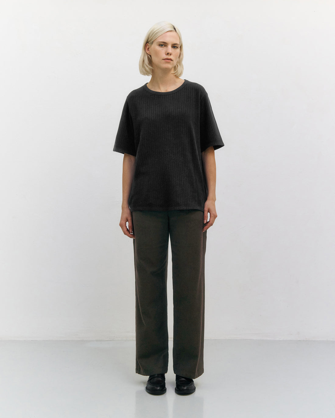 Schweres Geripptes T-Shirt Bio Baumwolle - Schwarz