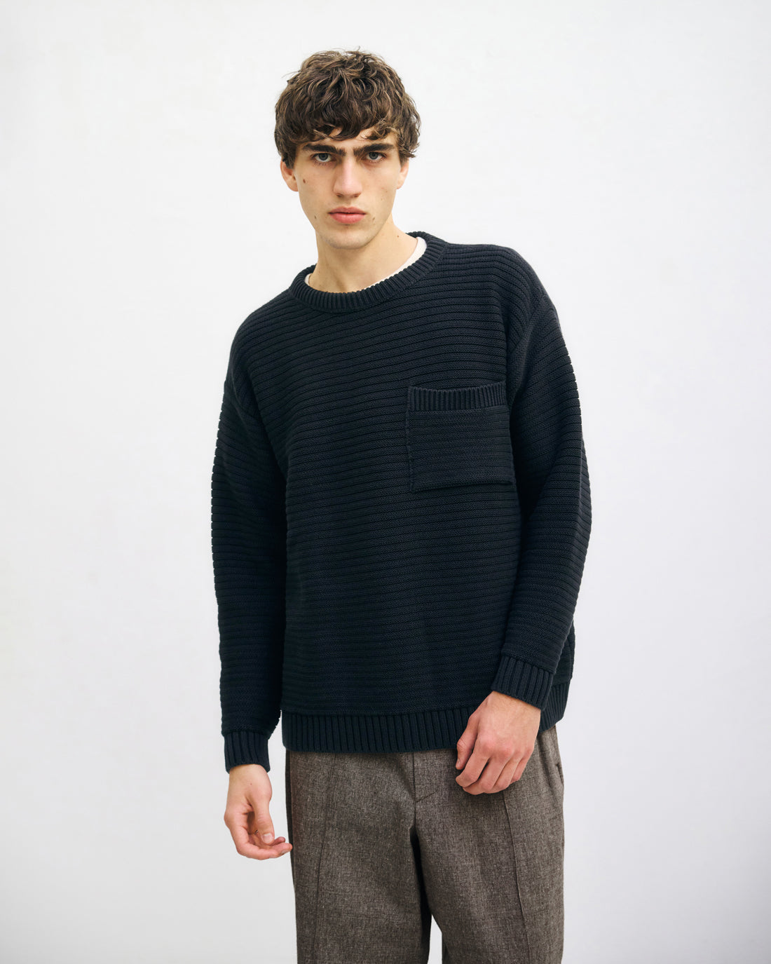 Gerippter Strickpullover Bio Baumwolle - Schwarz