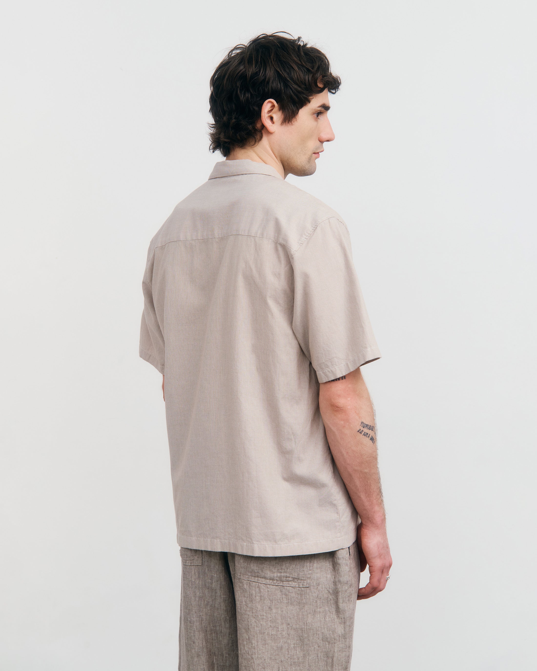 Gestreiftes Bowling Shirt Bio Baumwolle - Beige