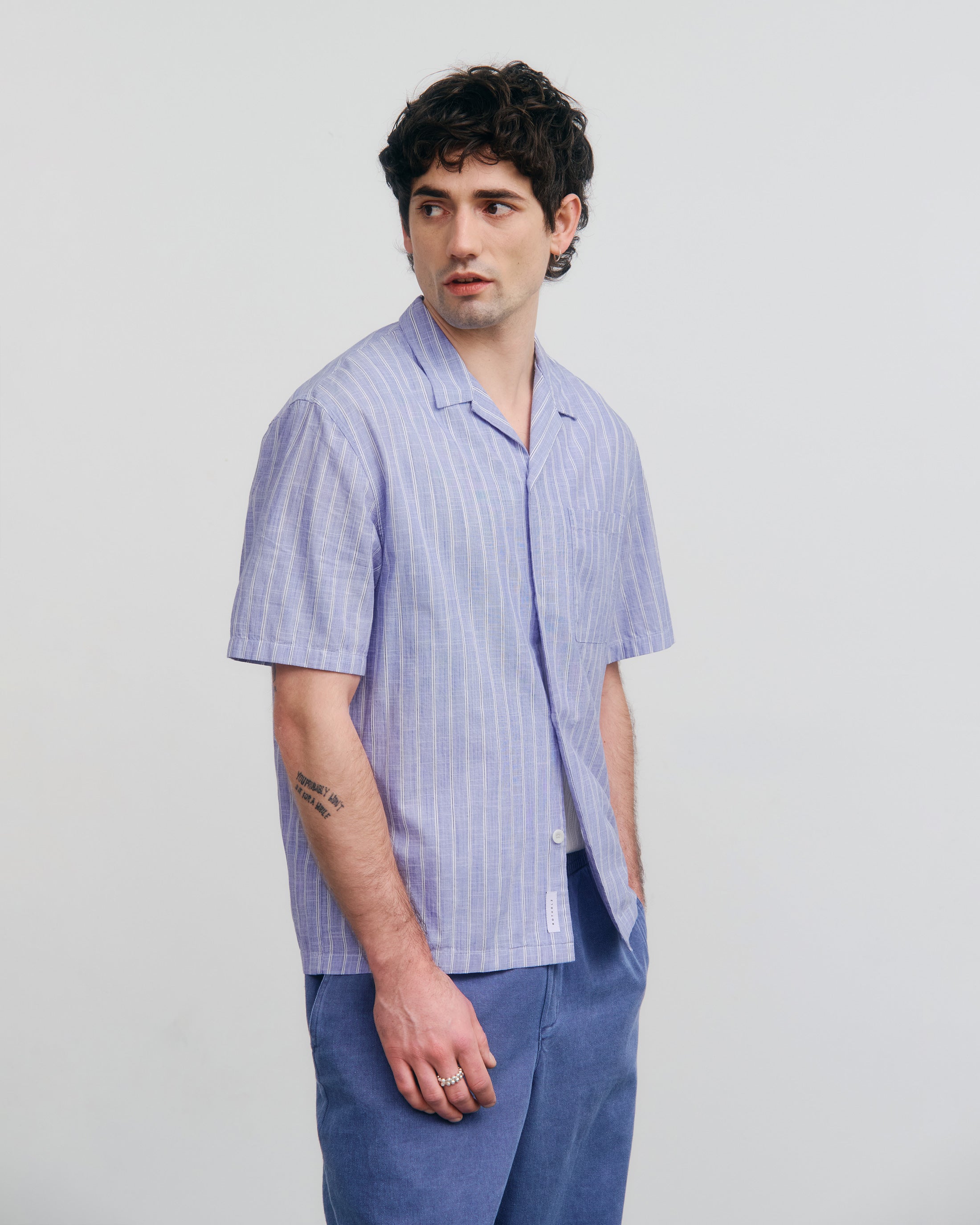 Gestreiftes Bowling Shirt Bio Baumwolle - Blau