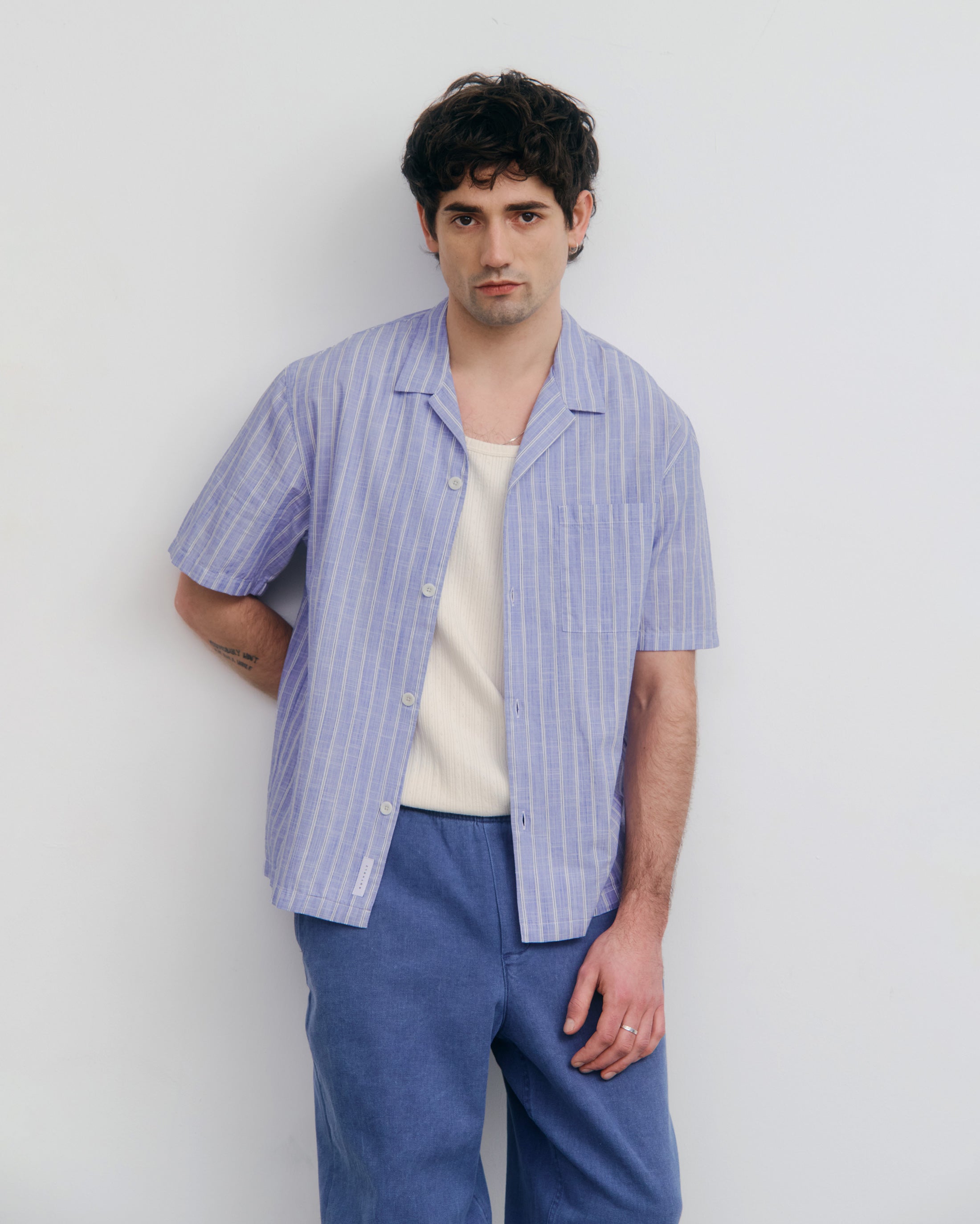 Gestreiftes Bowling Shirt Bio Baumwolle - Blau