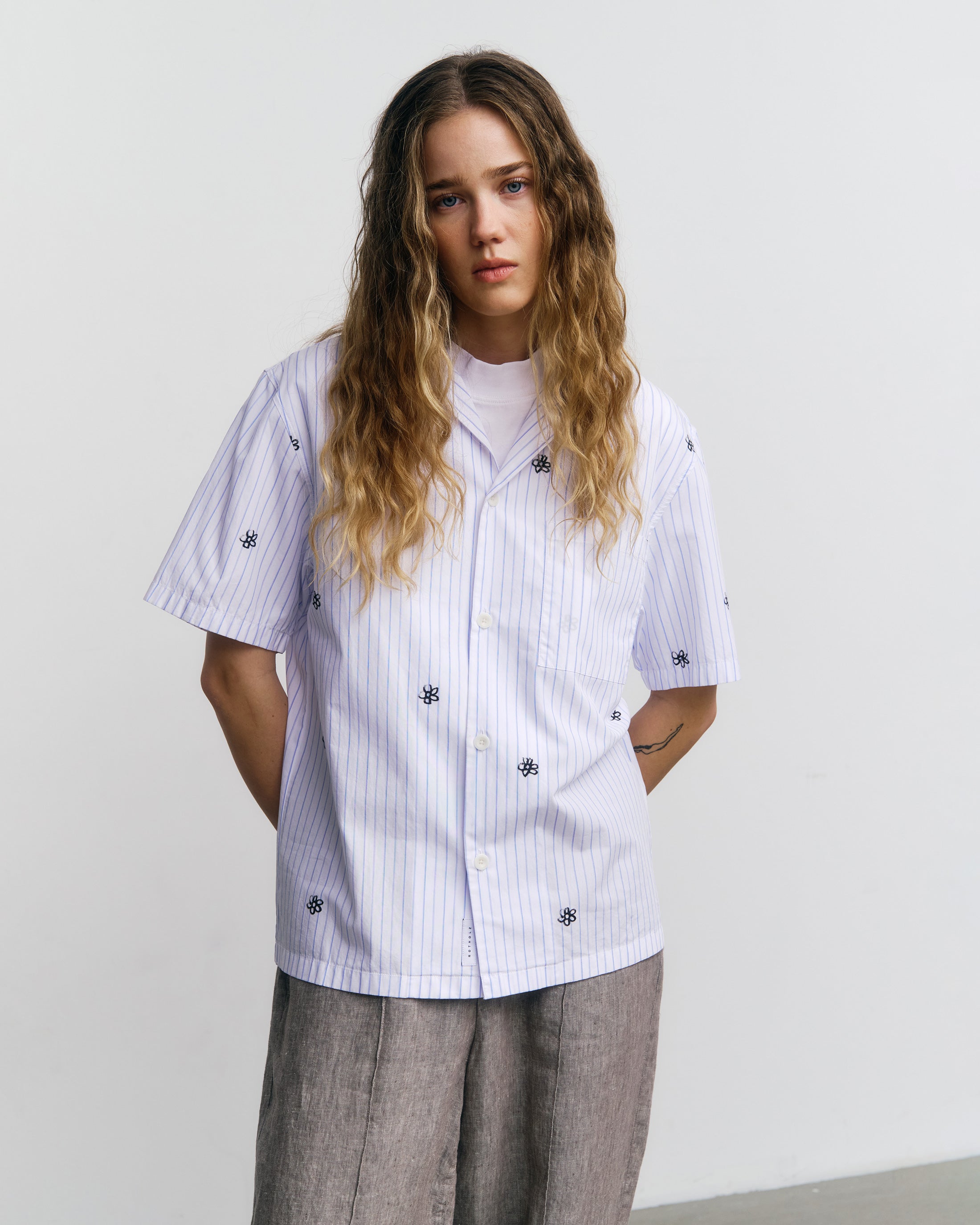 Flower Print Bowling Shirt Bio Baumwolle - Gestreift
