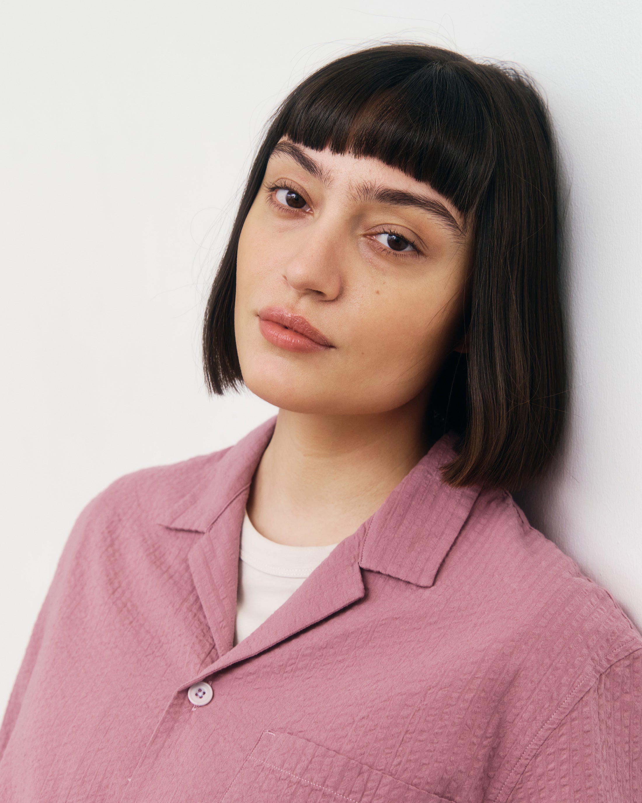 Seersucker Bowling Shirt Bio Baumwolle - Pink