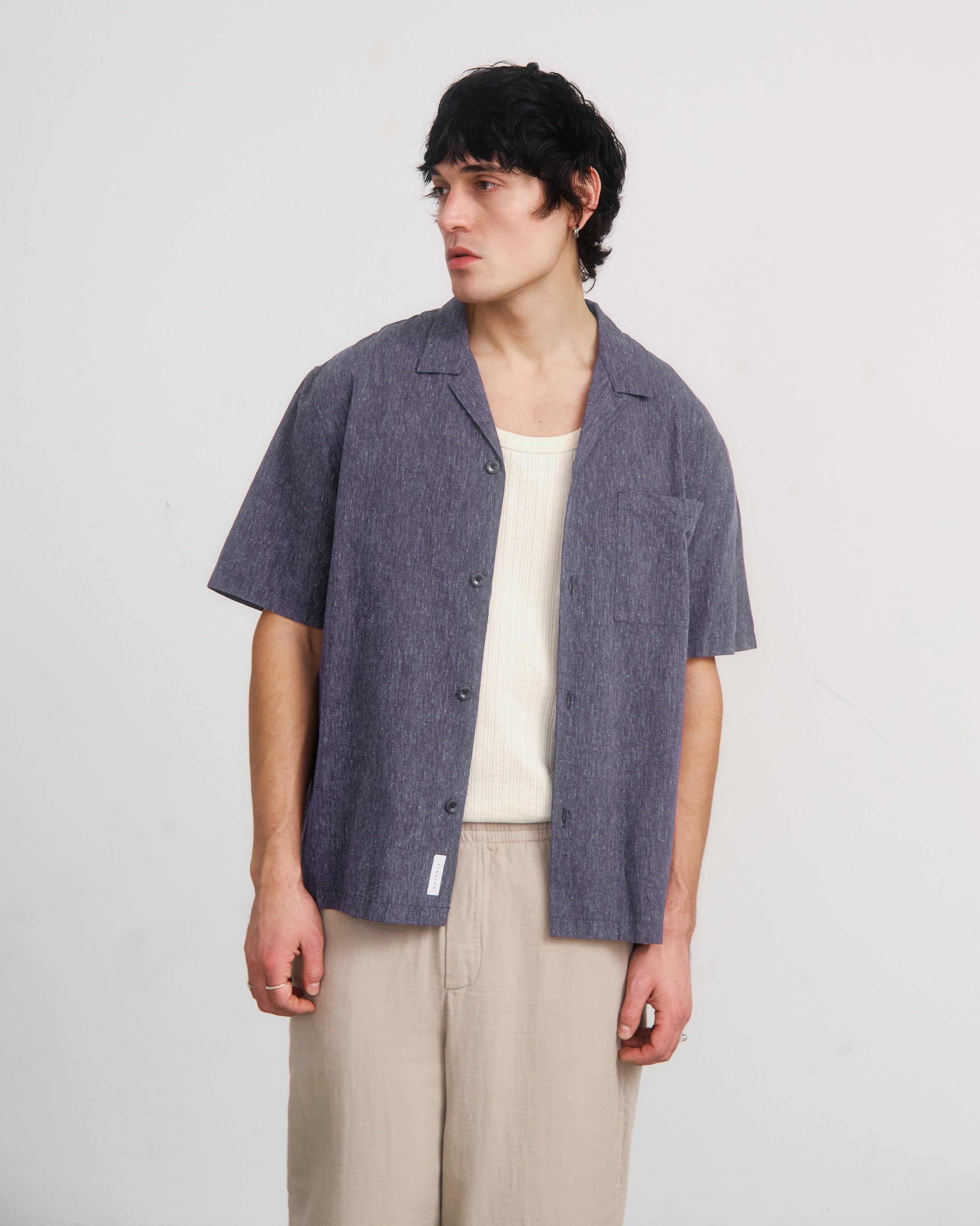 Meliertes Bowling Shirt Bio Baumwolle - Blau
