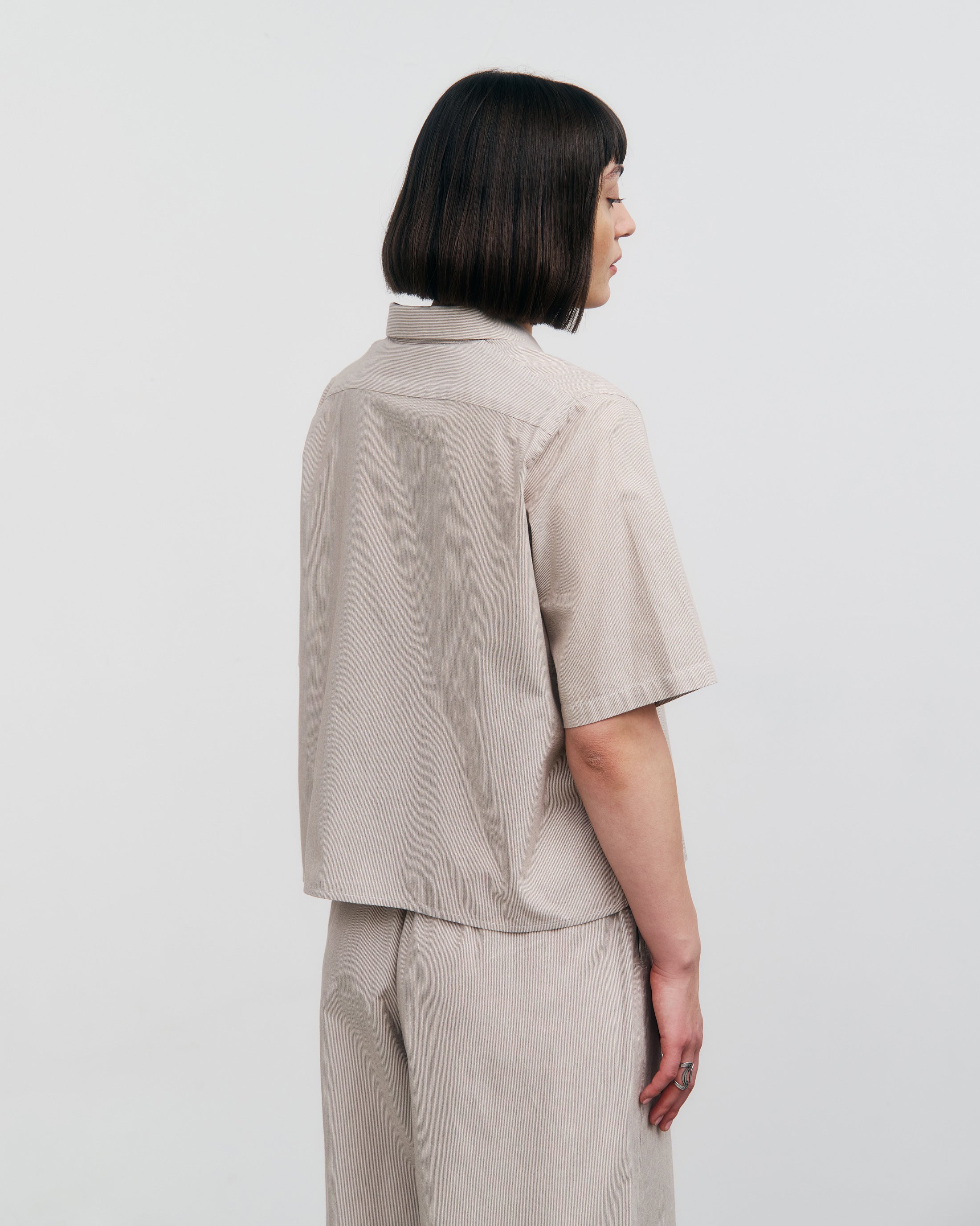 Kurzes Bowling Hemd Bio Baumwolle - Beige Gestreift