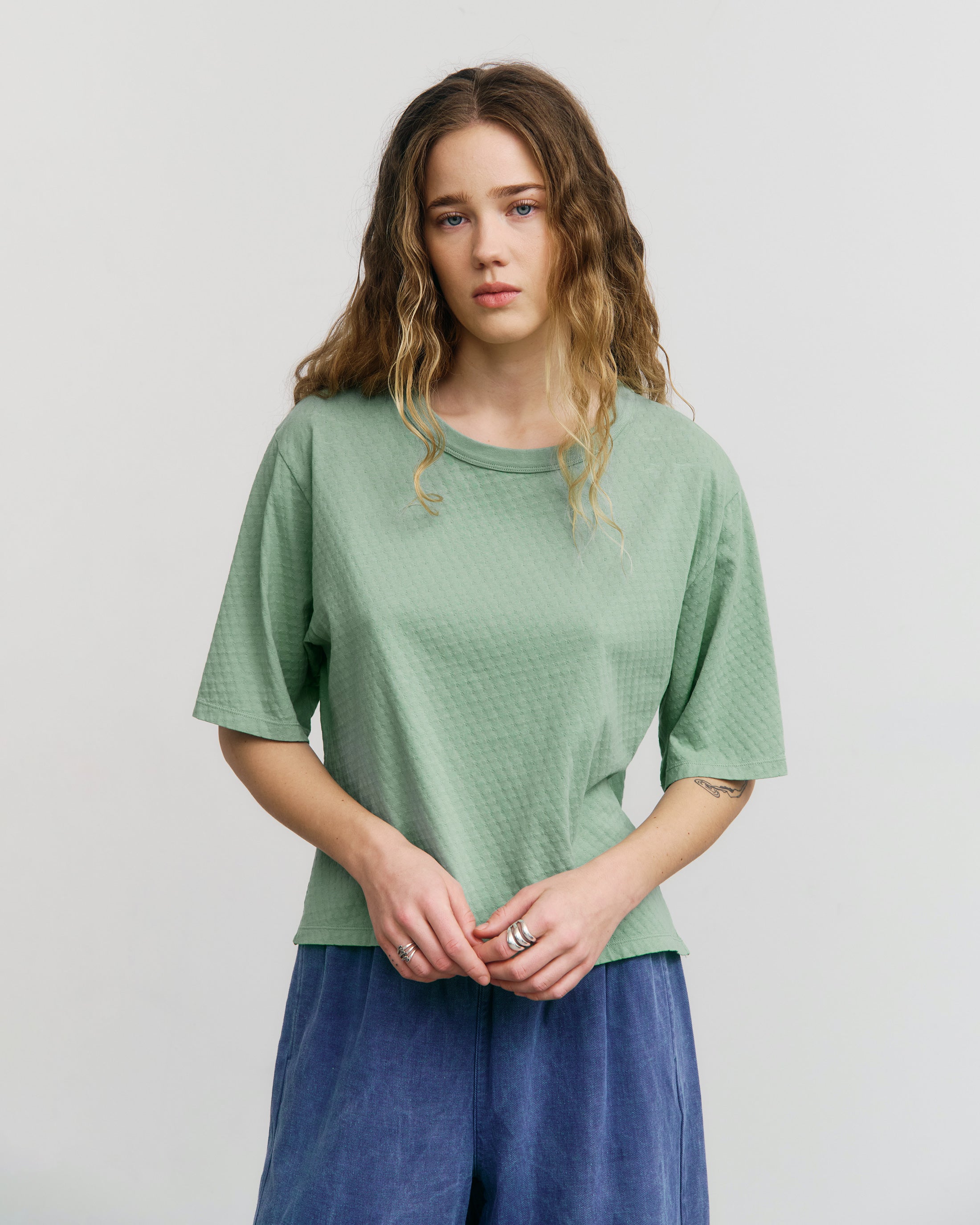 Kurzes Strukturiertes T-Shirt Bio Baumwolle - Grün