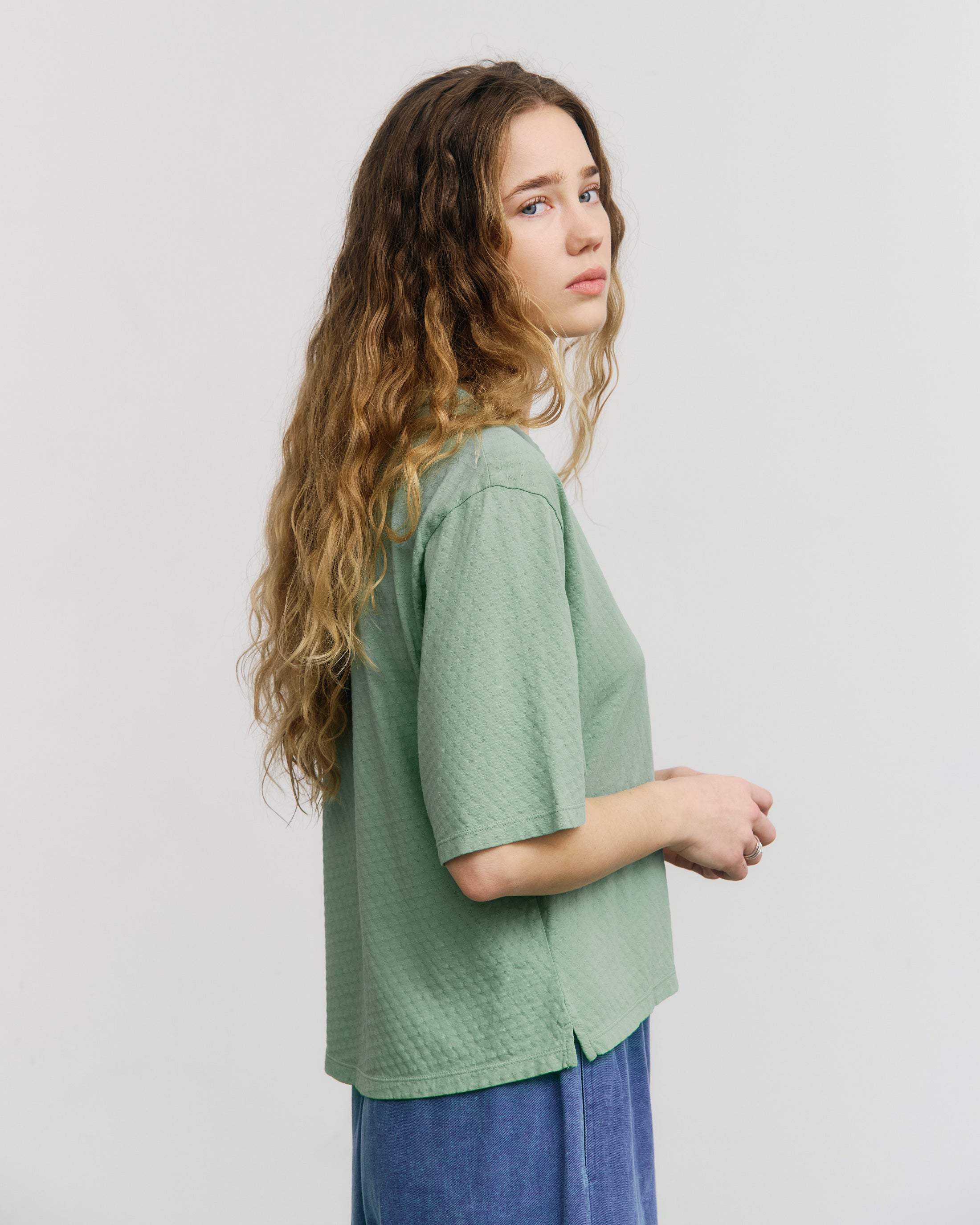 Kurzes Strukturiertes T-Shirt Bio Baumwolle - Grün