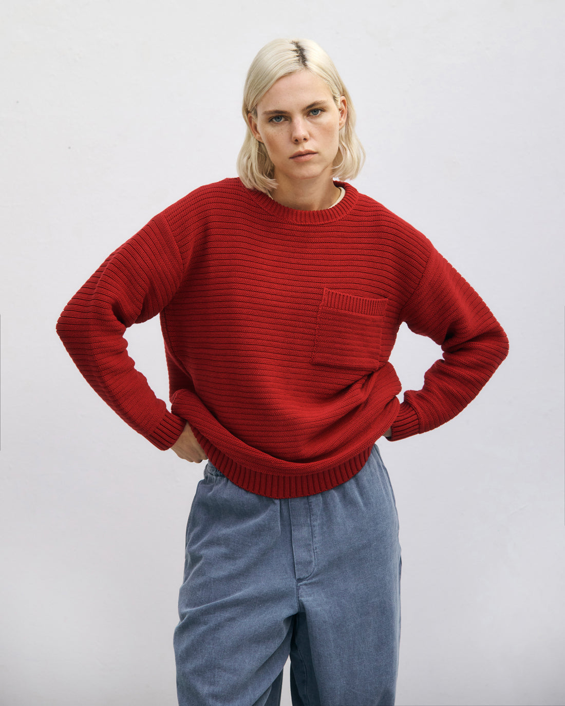 Gerippter Strickpullover Bio Baumwolle - Rot