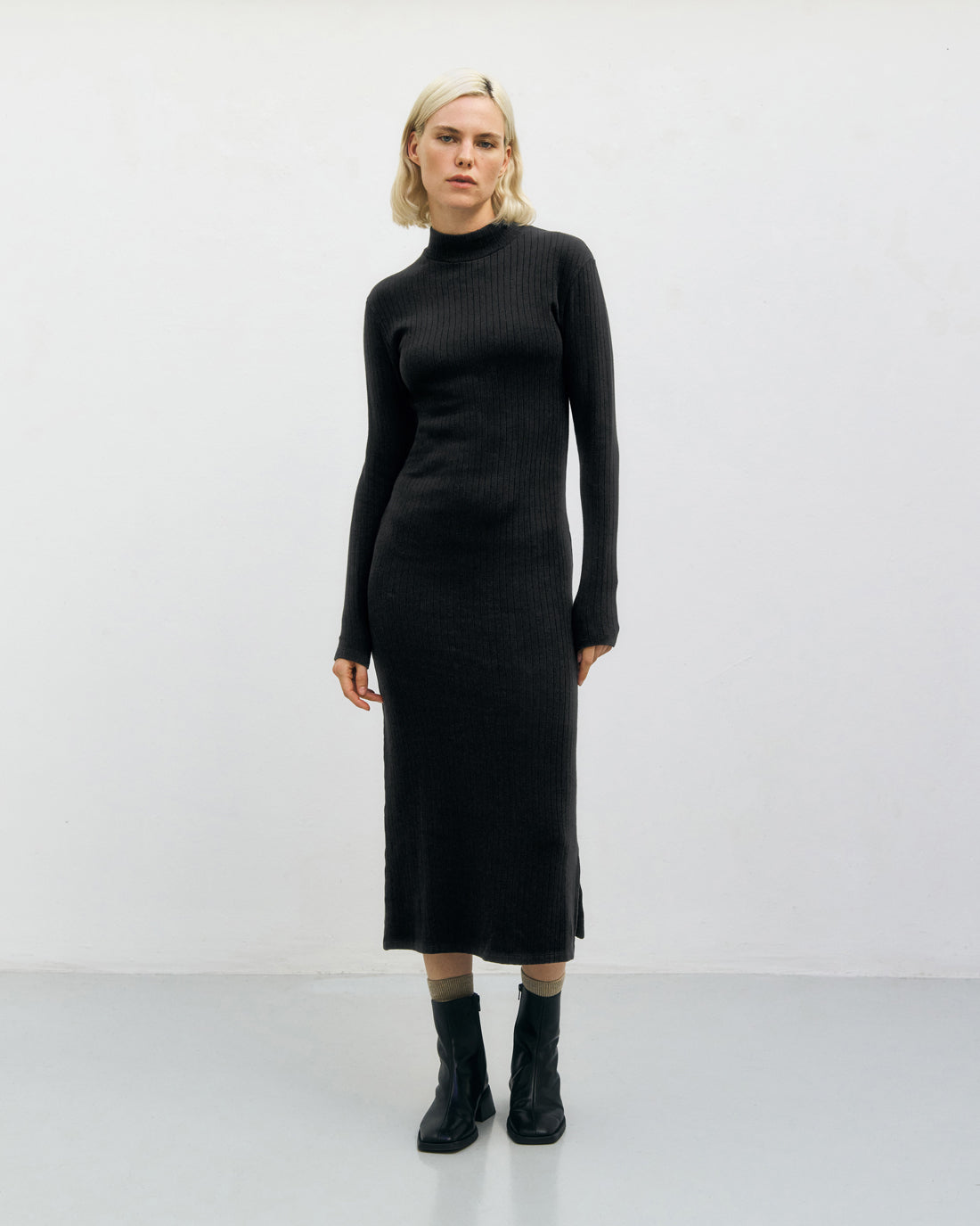 Schweres Mockneck Kleid Bio Baumwolle - Schwarz