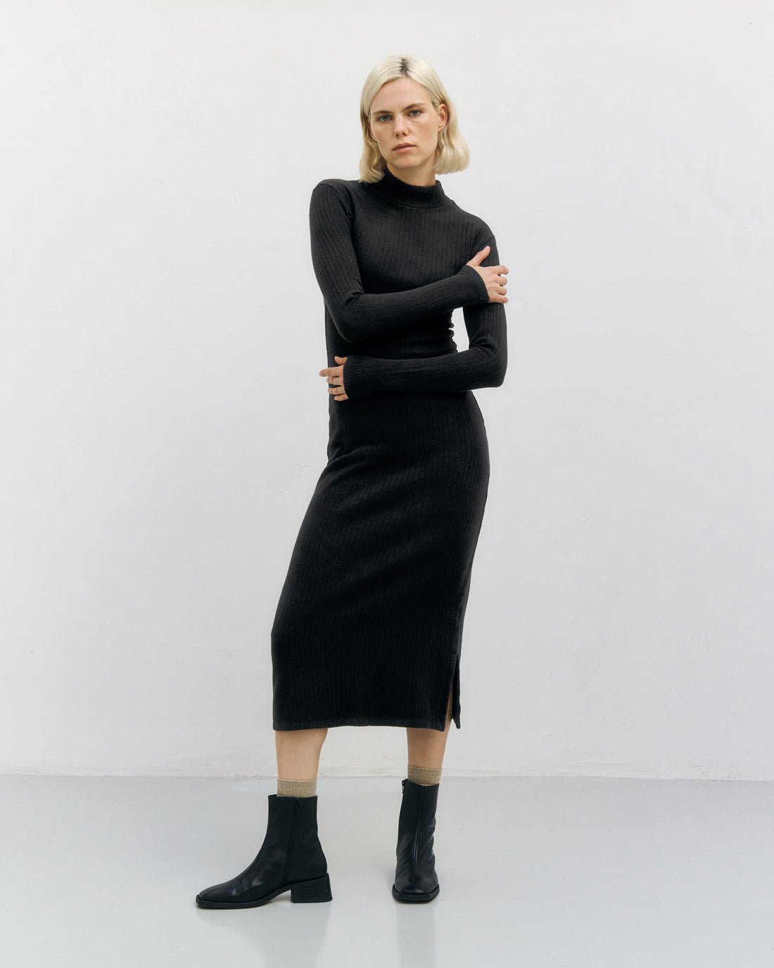 Schweres Mockneck Kleid Bio Baumwolle - Schwarz
